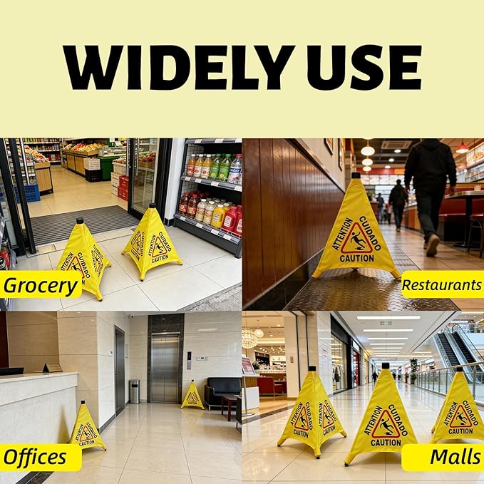 Wet Floor Signs - 2PCS Pop UP Bilingual Yellow Cones Wet Floor Sign with Wall Mounted Storage Tube Foldable, Slip Carefully Safety Cone Signs For Commercial & Office