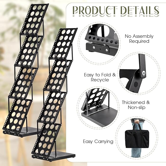 Tatuo 4 Pieces Foldable Magazine Rack Metal Catalog Literature Rack Portable 4 Pockets with Carrying Bag Brochure Stand Literature Display Holder Stand for Exhibition Trade Show