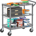 Rolling Cart with Wheels, Heavy Duty 3 Tier Metal Utility Cart 990lbs Capacity, Multi-Purpose Wire Rolling Storage Trolley for Kitchen Garage Office Commercial Use, Gray