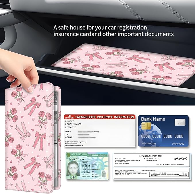 Premium Car Registration and Insurance Card Holder, Cute PU Leather Car Document Holder, Vehicle Glove Box Car Organizer with Magnetic Closure for Driver License, Cards Pink Rose Ribbon Bows
