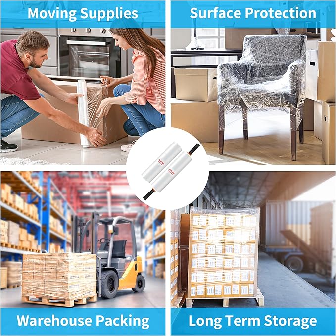 JARLINK Stretch Film, 80 Gauge,15 Inch x 820 Feet Shrink Wrap for Pallet Wrap, Industrial Strength Stretch Wrap up to 800% Stretch with Handles, Moving Wrapping Plastic Roll, 4 Pack