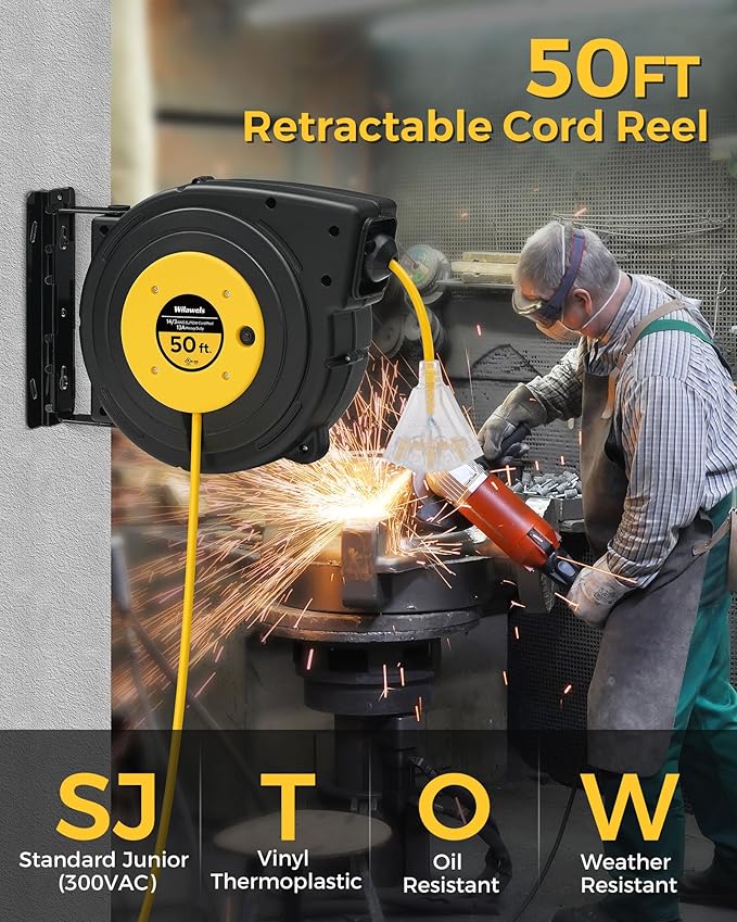Retractable Extension Cord Reel, 50 FT Heavy Duty Power Cord, 14AWG/3C SJTOW, 3 Grounded Outlets Lighted Triple Tap, 13 Amp Circuit Breaker, UL Listed, Yellow Y50CR06