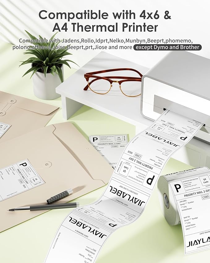 4x6 Thermal Mailing Labels for Direct Thermal Label Printer Shipping Sticker Paper for Address Postage, 250 Labels/Roll, 4 Rolls, Total 1000PCS