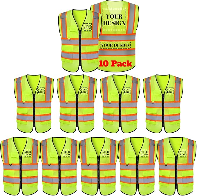 Safety Vest Reflective High Visibility with 5 Pockets ＆Zipper Class 2 Adult Unisex Construction Security Workwear