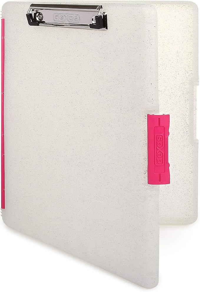 Dexas Slimcase 2 Plastic Clipboard with Storage and Side Opening, Natural Glitter Pink Binding, Office Supplies Clipboards to Organize, A4 Holder, Nursing Clipboards