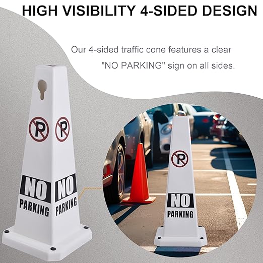 OrangeStar 8-Pack No Parking Cones, 4-Sided Message Safety Traffic Cones with Heavy Rubber Base for Indoor/Outdoor Use, White