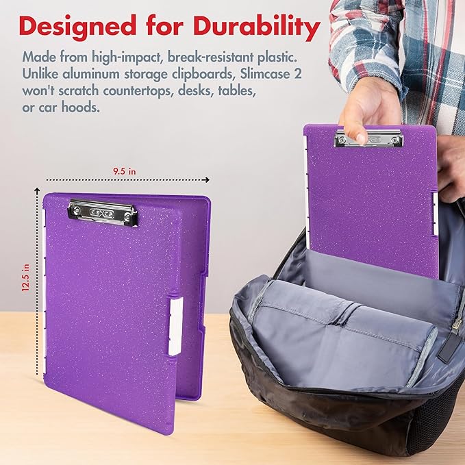 Dexas Slimcase 2 Plastic Clipboard with Storage & Side Opening, Purple Glitter,Office Supplies Clipboards to Organize,Carry & Store, A4 Holder,Style and Functionality Nursing Clipboard(Pack of 6)
