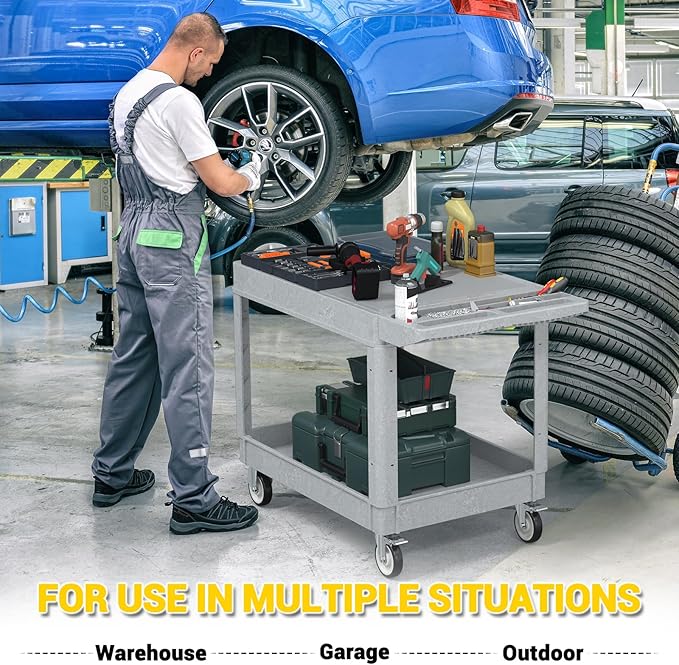 Heavy Duty Plastic Utility Cart with Wheels, Rolling Flatbed Tool Cart on Wheels, Service Cart for Garage, Warehouse, Workshop, Office, Cleaning (Gray-45.7 inch)