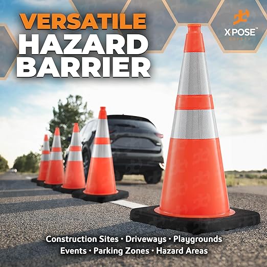 Xpose Safety 28 Inch Orange Traffic Cones Heavy Duty 10lb with 6" & 4" Collars, 12 Pack - Multipurpose PVC Plastic Safety Cone for Parking, Soccer, Caution, Kids and Construction - DOT Approved