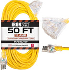 Iron Forge Cable 50ft Yellow Outdoor Extension Cord with 3 Outlets - 14/3 SJTW 15 Amp 50ft Extension Cord 3 Prong - Multiple Outlets with Lighted End