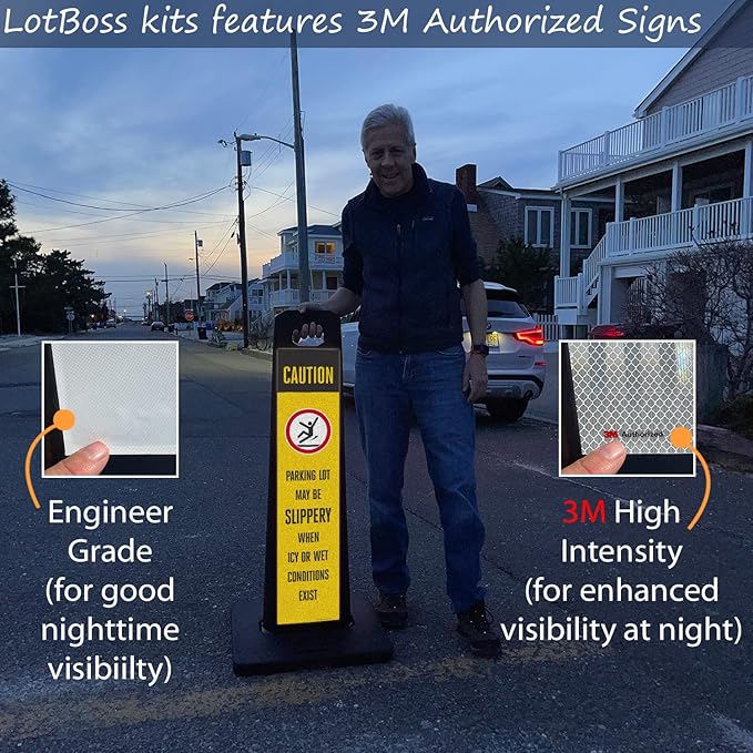 SmartSign Parking Lot Slippery When Icy Or Wet LotBoss Vertical Panel Sign Kit with Rubber Base, Double-Sided, 7.875" x 35.5" 3M Engineer Grade Reflective Parking Lot Sign, Plastic Frame, USA-Made