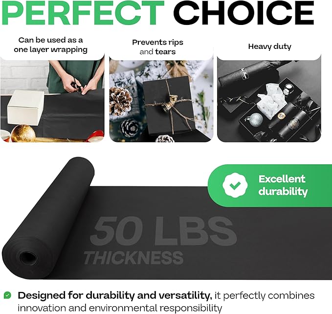 Black Paper Roll 18" x 2160" (180 feet) - USA-Made Black Kraft Paper 50lb Thickness - Ideal for Wrapping, Packing, Moving, Shipping, and Arts & Crafts - 100% Recycled Natural Material by IDL Packaging