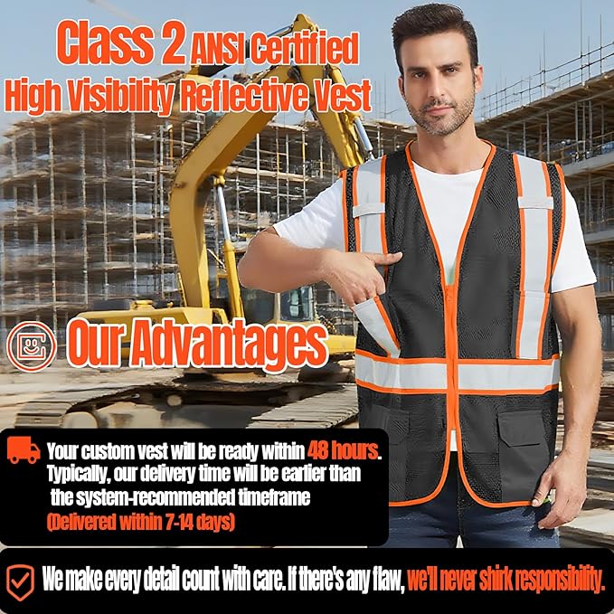 BeautyWill Custom Safety Vest Customized Logo Class 2 High Visibility Reflective Vest with Pockets Construction workwear