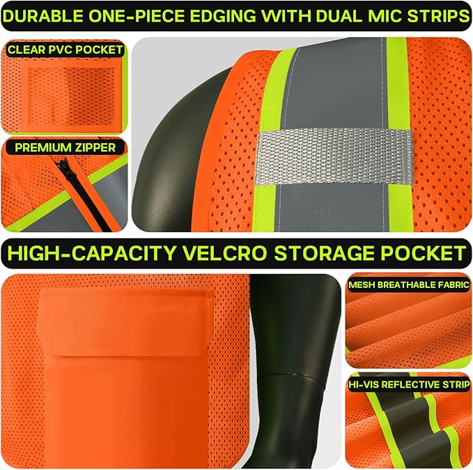 Safety Vest Customize Logo with 5 Pockets & Zipper Reflective High Visibility Vest Class 2 Outdoor Workwear