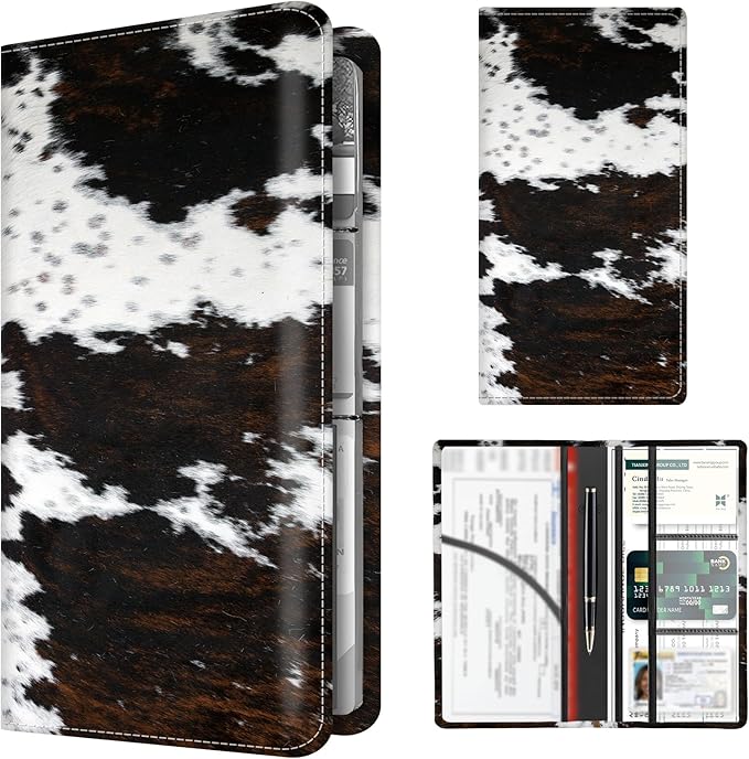 Premium Car Registration and Insurance Card Holder, Cute PU Leather Car Document Holder, Vehicle Glove Box Car Organizer with Magnetic Closure for Driver License, Cards Brown White Cowhide