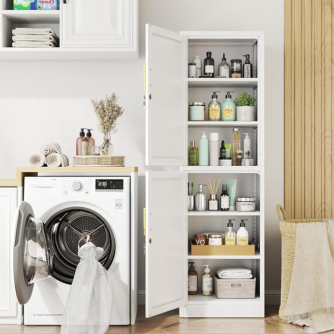 2 Door Metal Locker Cabinet, 19.7’’W Narrow Vertical Steel Storage Cabinet with Locking Door and 4 Adjustable Shelves, Garage Tool File Cabinets for Office, Kitchen, Bathroom, White