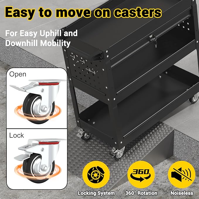 3 Tier Rolling Tool Cart on Wheels, 550 LBS Tool Cart with Drawers，Heavy Duty Utility Cart with Pegboard and Hooks，Mechanic Tool Storage Cart for Garage, Warehouse (Black)