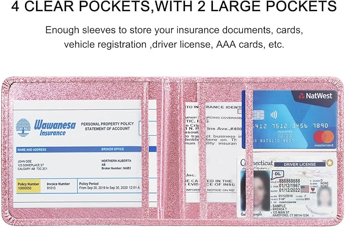 Car Registration and Insurance Holder, Leather Registration and Insurance Card Holder, Vehicle Glove Box Organizer - For Documents, Cards, License (Bling Rose Gold)