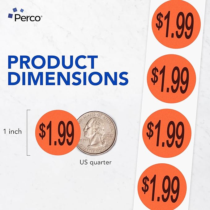 Perco Fluorescent Red 1-Inch Circle $1.99" Promotional Sale Labels—1,000 Stickers/Roll—Ideal for Retail Merchandising, Storefronts, Sales Events, Flea Markets, Discount Marking, Clearance—Made in USA