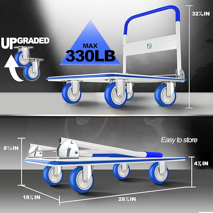 Push Cart Dolly by Wellmax, Moving Platform Hand Truck, Foldable for Easy Storage and 360 Degree Swivel Wheels with 330lb Weight Capacity, Blue Color
