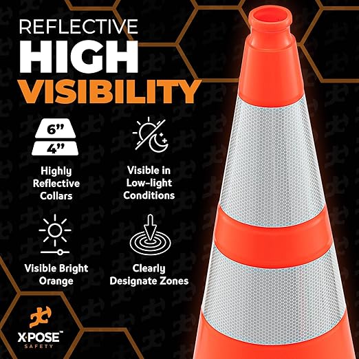 Xpose Safety 28 Inch Orange Traffic Cones Heavy Duty 10lb with 6" & 4" Collars, 48 Pack - Multipurpose PVC Plastic Safety Cone for Parking, Soccer, Caution, Kids and Construction - DOT Approved