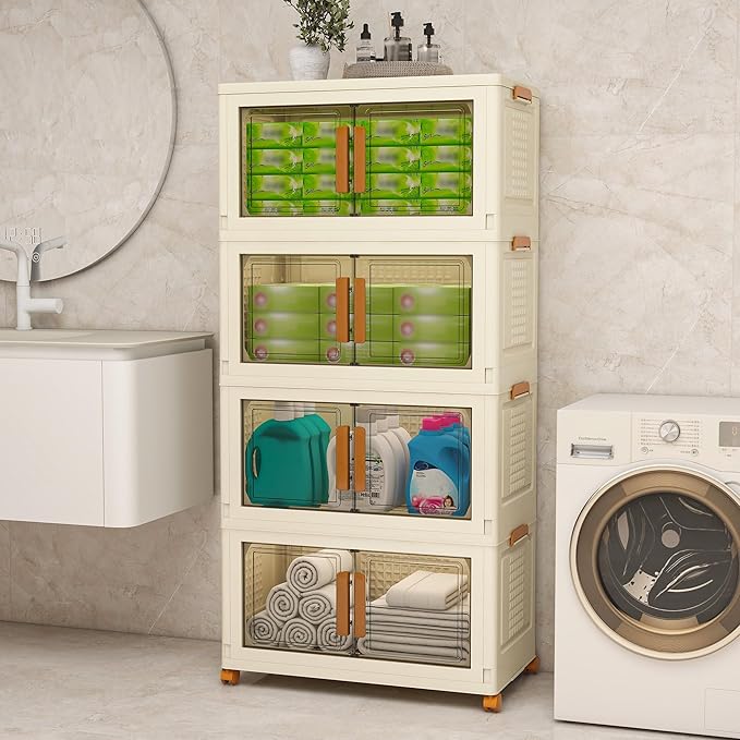 Plastic Stackable Storage Bins with Lids and Wheels, 182.4QT-45.6QT*4Tier Foldable Closet Organizers and Containers, Collapsible Clear Drawer Storage Cabinet with Doors Ivory White