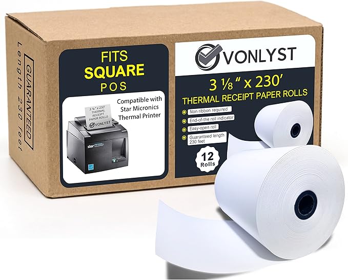 Receipt Paper Roll 3 1/8 x 230 for Square Register and Square POS System connected to Star Micronics Thermal Printer (Pack 12 rolls)