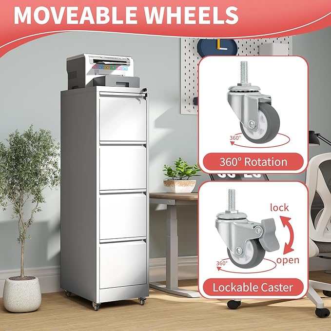 4 Drawer File Cabinet with Wheels,Metal Mobile Filing Cabinets with Lock,White Rolling File Cabinet for Home Office,Heavy Duty Storage Cabinet for A4/Letter/Legal Size File,Assembly Required