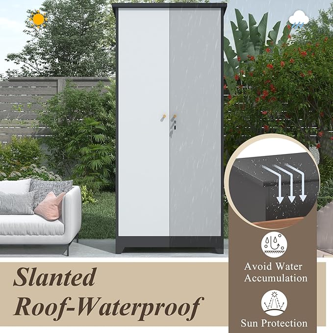 GREATMEET 72.8" Outdoor Broom Storage Cabinet, Metal Storage Cabinets for Cleaning Supplies with Slanted Roof, Waterproof Outdoor Slim Shed,Utility Closet for Broom Mop, Grey&White