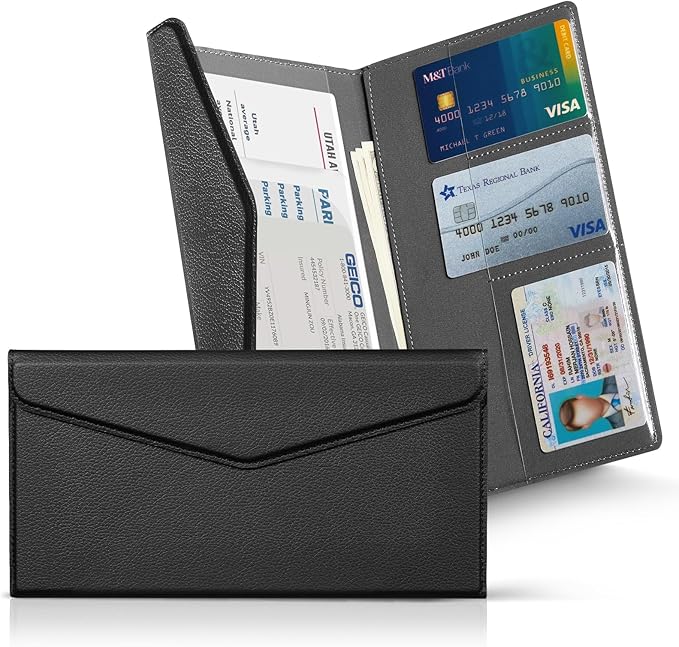 CoBak Leather Car Registration and Insurance Holder with Magnetic Compartment - Vehicle Glove Box Organizer for Driver License, Cards, Emergency Cash - Auto Truck Accessories Case, Lychee Black
