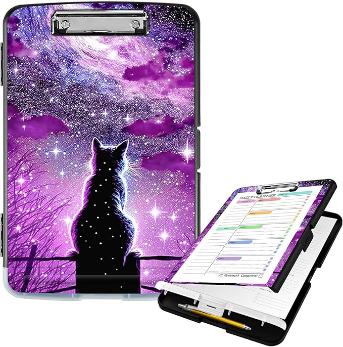 Clipboard with Storage High Capacity Plastic Nursing Clipboards with Pen Holder File Folder Storage Box Clipboard with Heavy Duty Clips for Teacher,Doctor,Offices-Hipster Cat Galaxy