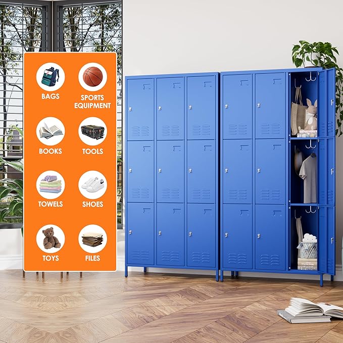 Employee Lockers with 9 Doors,Metal Locker for Employees with 27 Hooks,Metal Locker for Home Office,Assembly Required,Blue