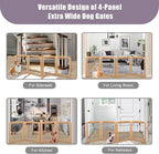 LZRS 4-Panel Extra-Wide Wooden Freestanding Dog Gate: Foldable Solid Wood and Steel Wire Chew Resistant Safety Barrier for Doorways, Stairs, and Large Open Spaces Indoor Use, Natural