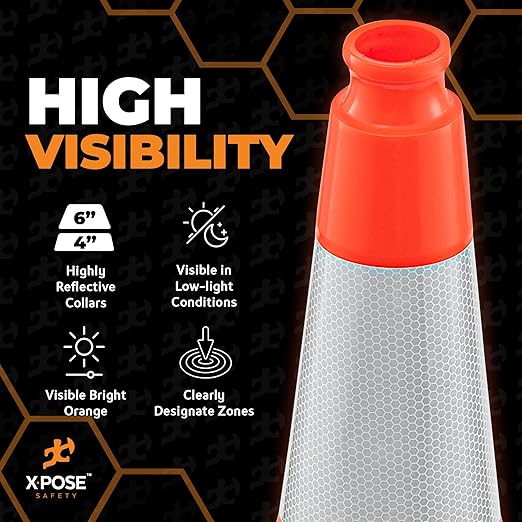 Xpose Safety 28 Inch Orange Slim Line Traffic Cones with 6" & 4" Collars, 1 Pack Multipurpose PVC Plastic Safety Cone for Parking, Soccer, Caution, Kids and Construction - DOT Approved