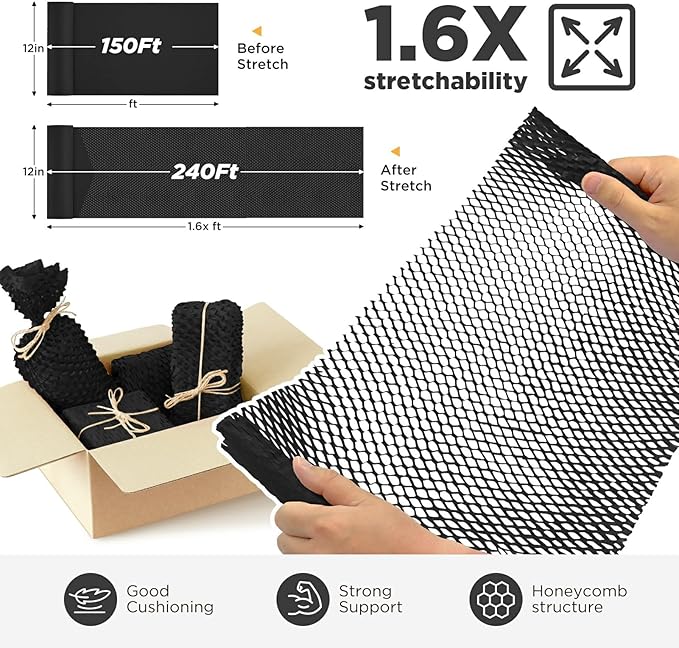 Honeycomb Packing Paper, 12"x150' Black | Perforated Honeycomb Packing Paper Recyclable Moving Supplies for Shipping & Moving | Plastic-Free Alternative to Bubble Cushion Wrap with 36 Fragile Stickers