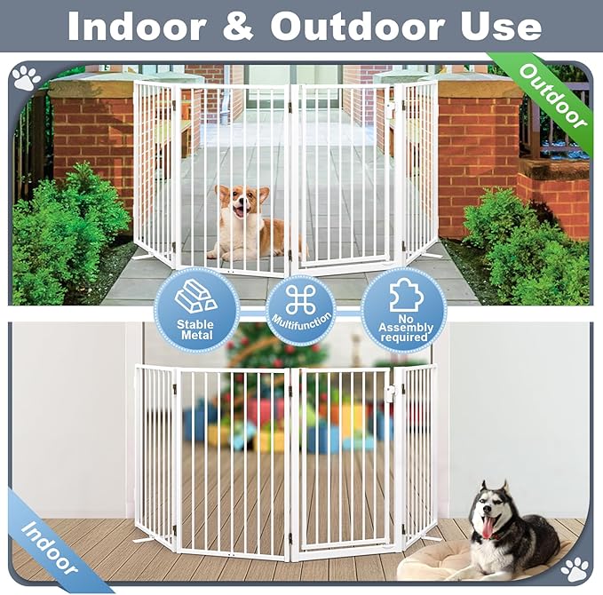 Metal Freestanding Dog Gates with Door for Outdoor Indoor,80'' Extra Wide 24'' Tall Free Standing Dog Gate for Doorways,Large Openings,Deck,Yard,Porch,Foldable Safety Pet Fence(White,4 Panels)