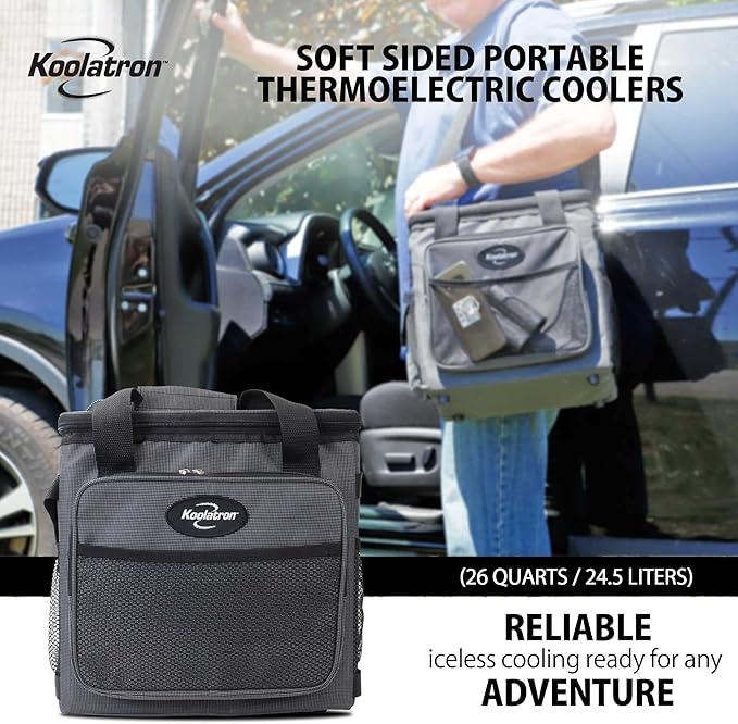 Koolatron Electric Portable Cooler Plug in 12V Car Cooler Bag, 26 qt (25 L) Black/Gray Soft-Sided Portable Car Fridge w/DC Power Cord, Adjustable Shoulder Strap, Cord Storage, Road Trip