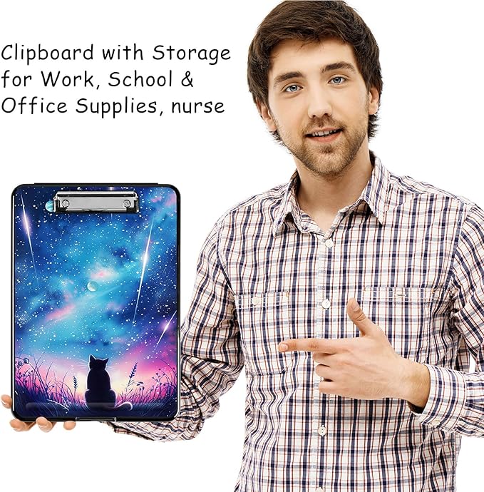 Clipboard with Storage, High Capacity Plastic Storage Clipboard with Pen Holder for for Women Teachers Work, School & Office Supplies, Cute Pattern Decorative Clipboards, Cat Under The Stars