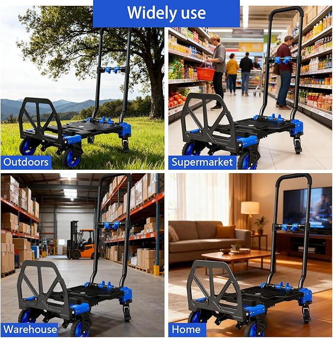 2 in 1 Hand Truck Dolly Foldable, 330LB Folding Hand Truck Heavy Duty Carrying, Folding Hand Cart with Retractable Handle Dolly Cart for Moving