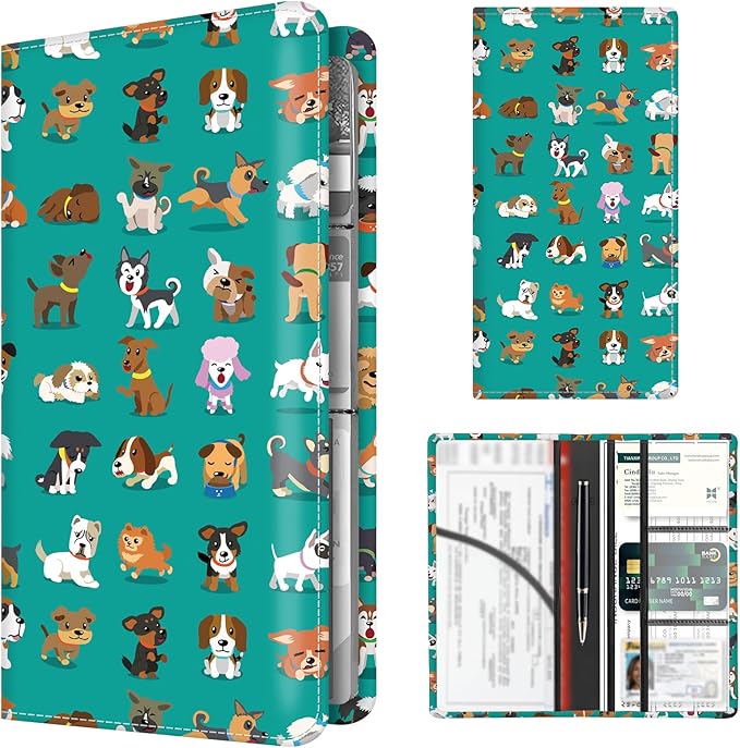 Premium Car Registration and Insurance Card Holder, Cute PU Leather Car Document Holder, Vehicle Glove Box Car Organizer with Magnetic Closure for Driver License, Cards Colorful Cute Dogs