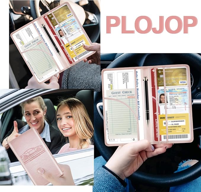 PLOJOP Car Registration and Insurance Card Holder, Leather Vehicle Insurance Card Holder Glove Box Compartment Organizer, Car Wallet Case for License Cards, ID Card, Business Card (Rose gold, L)