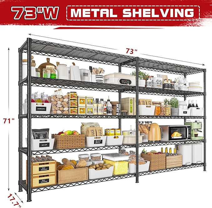 REIBII 73''W Shelf, Storage Shelves Load 1650 LBS Metal Shelving 5-Tier Wire Shelving Unit, Adjustable Heavy Duty Metal Shelves Wire Shelf for Pantry Kitchen Industrial Garage, 17.7"D x 73"W x 71"H