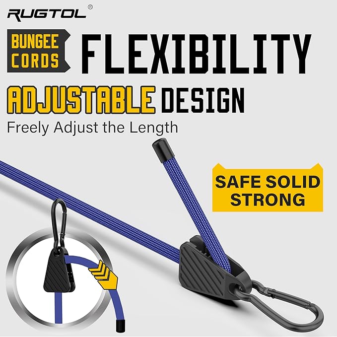 Bungee Cords with Hooks, 60 Inch Adjustable Blue Bungee Cords with Carabiner Heavy Duty Outdoor, 8mm Thick Easy to Adjust Durable Bungee Rope UV Resistant for Bike Rack, Garden, Tension, 6 Pack