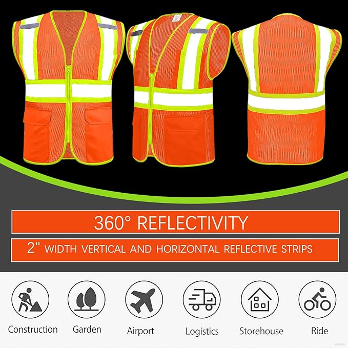 BeautyWill Custom Safety Vest Customized Logo Class 2 High Visibility Reflective Vest with Pockets Construction workwear