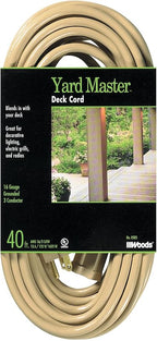 Woods Yard Master Extension Cord - Flexible Power for Patio & Landscape Use - Light Duty - SJTW Extension - 16 Gauge - 3 Prong - Beige - 40 Foot