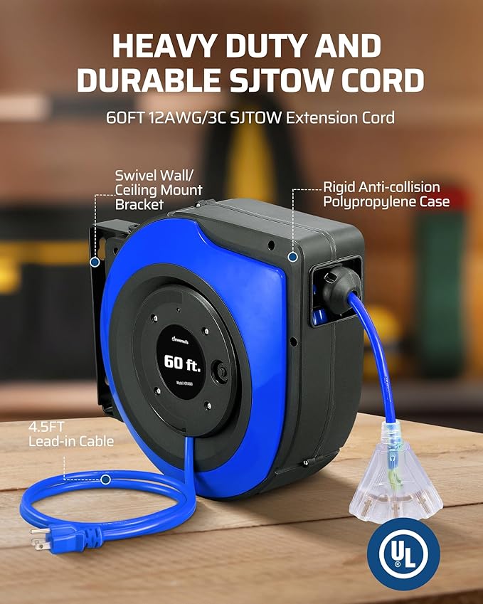DEWENWILS Retractable Cord Reel, 60FT Heavy Duty Extension Cord, 12AWG/3C SJTOW, 3 Grounded Outlets Lighted Triple Tap, 15A Circuit Breaker, Wall/Ceiling Mounted for Garage, Workshop, UL Listed, Blue