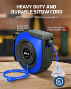 DEWENWILS Retractable Cord Reel, 60FT Heavy Duty Extension Cord, 12AWG/3C SJTOW, 3 Grounded Outlets Lighted Triple Tap, 15A Circuit Breaker, Wall/Ceiling Mounted for Garage, Workshop, UL Listed, Blue
