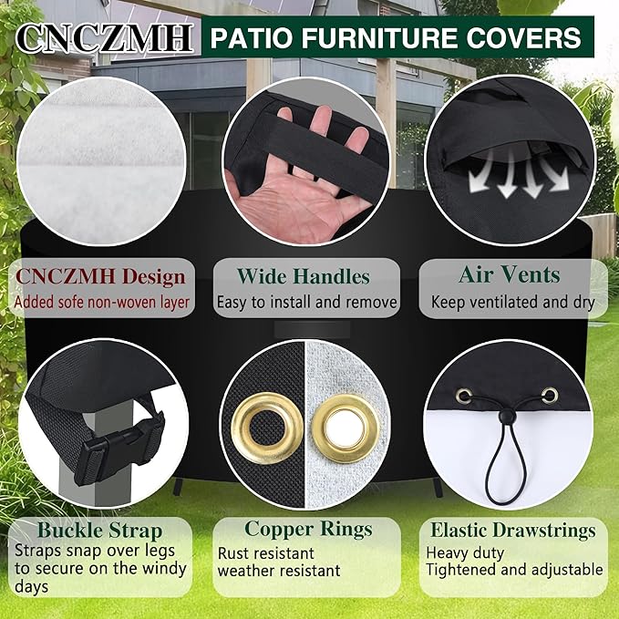 Heavy Duty Patio Furniture Covers Waterproof, 600D Round Outdoor Furniture Cover Waterproof for Sectional Sofa Couch, Outdoor Dining Table and Chair Set Covers 110"DIA x 28"H, Black