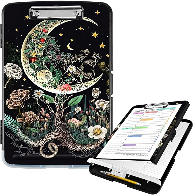 Clipboard with Storage High Capacity Plastic Nursing Clipboards with Pen Holder File Folder Storage Box Clipboard with Heavy Duty Clips for Teacher,Doctor,Offices-Moon Flowers
