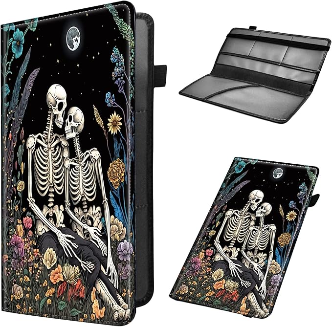 Car Registration and Insurance Holder, Leather Car Glove Box Organizer, Cool Car Accessories for ID, Driver's License Cards & Essential Document,business cards,Men&WomenSkeletons romantic Flower